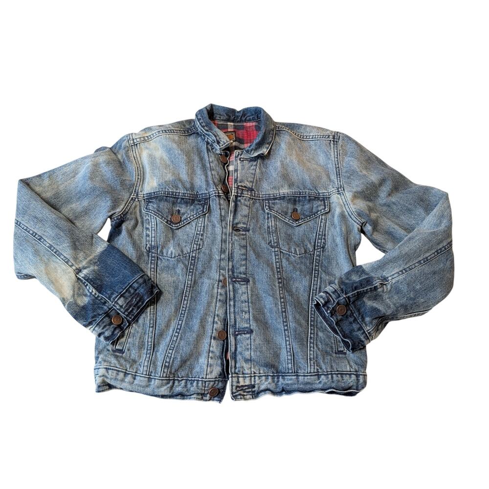 VOLCOM JEANS Plaid-Lined Light Acid Wash Denim Trucker Jacket JR Size S/10